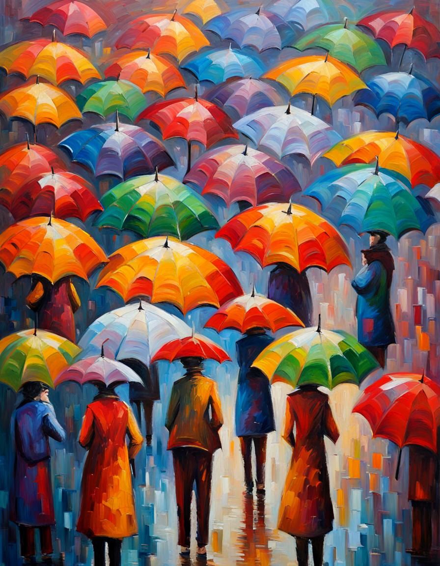 Colorful Umbrellas in Expressionist Oil Painting Style