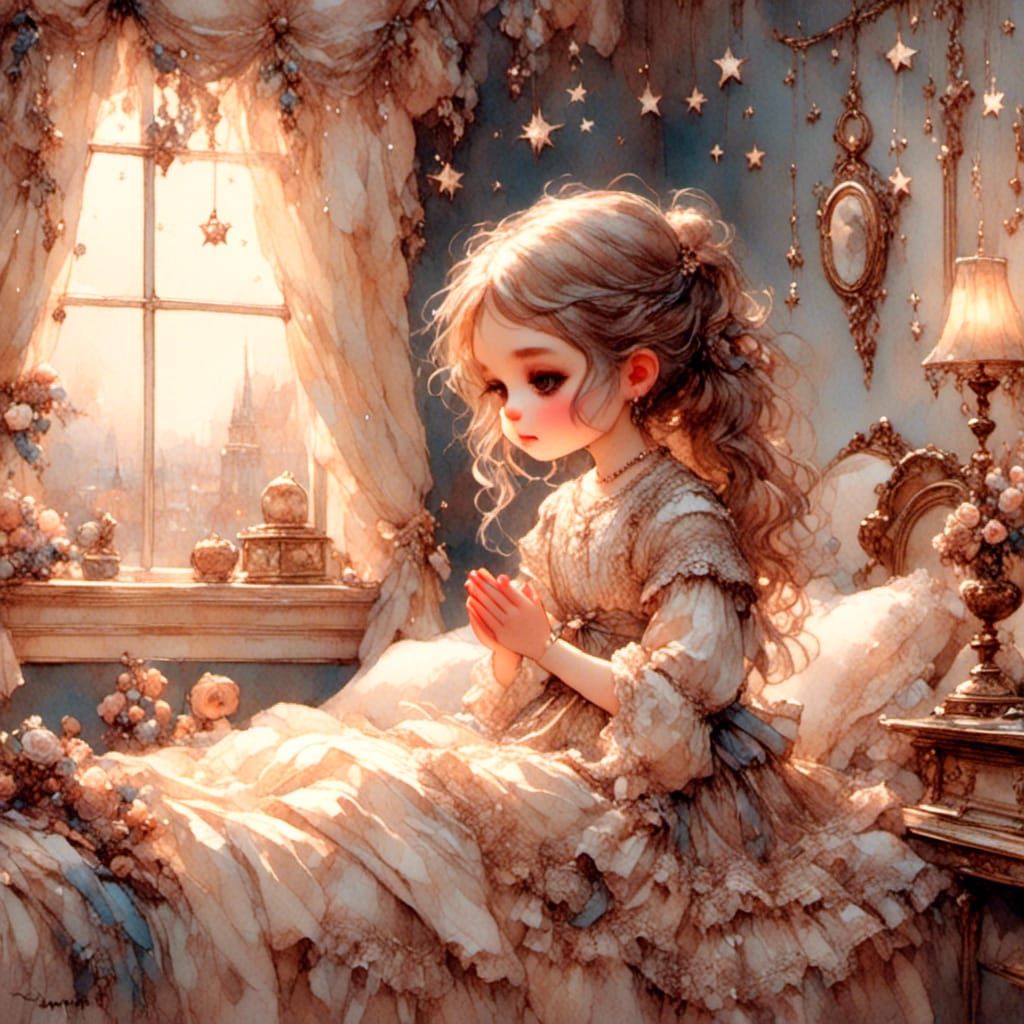 Adorable Little Girl Saying Prayers by Bed