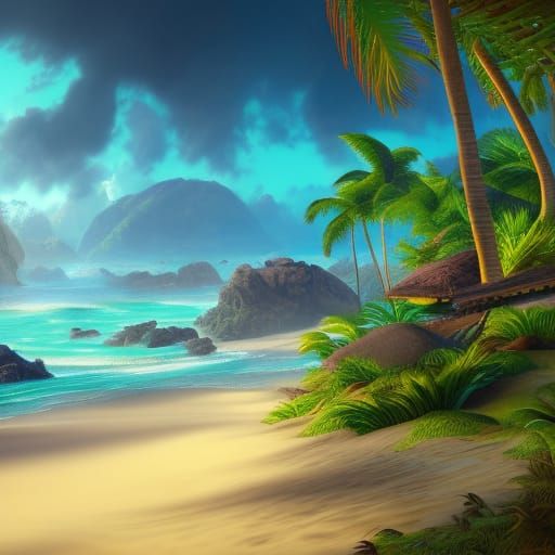 Lush Tropical Beach in Detailed Matte Painting