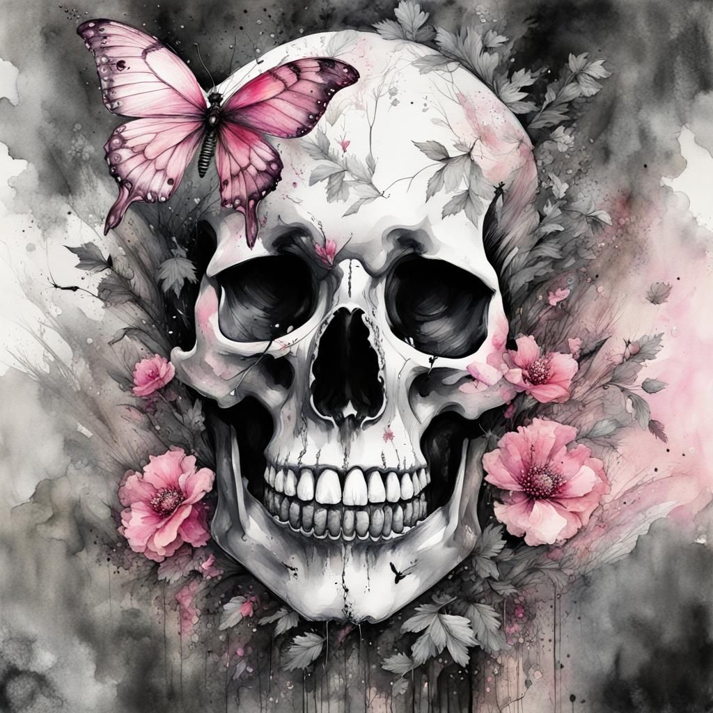 Skull with Butterfly Watercolor Fantasy Art