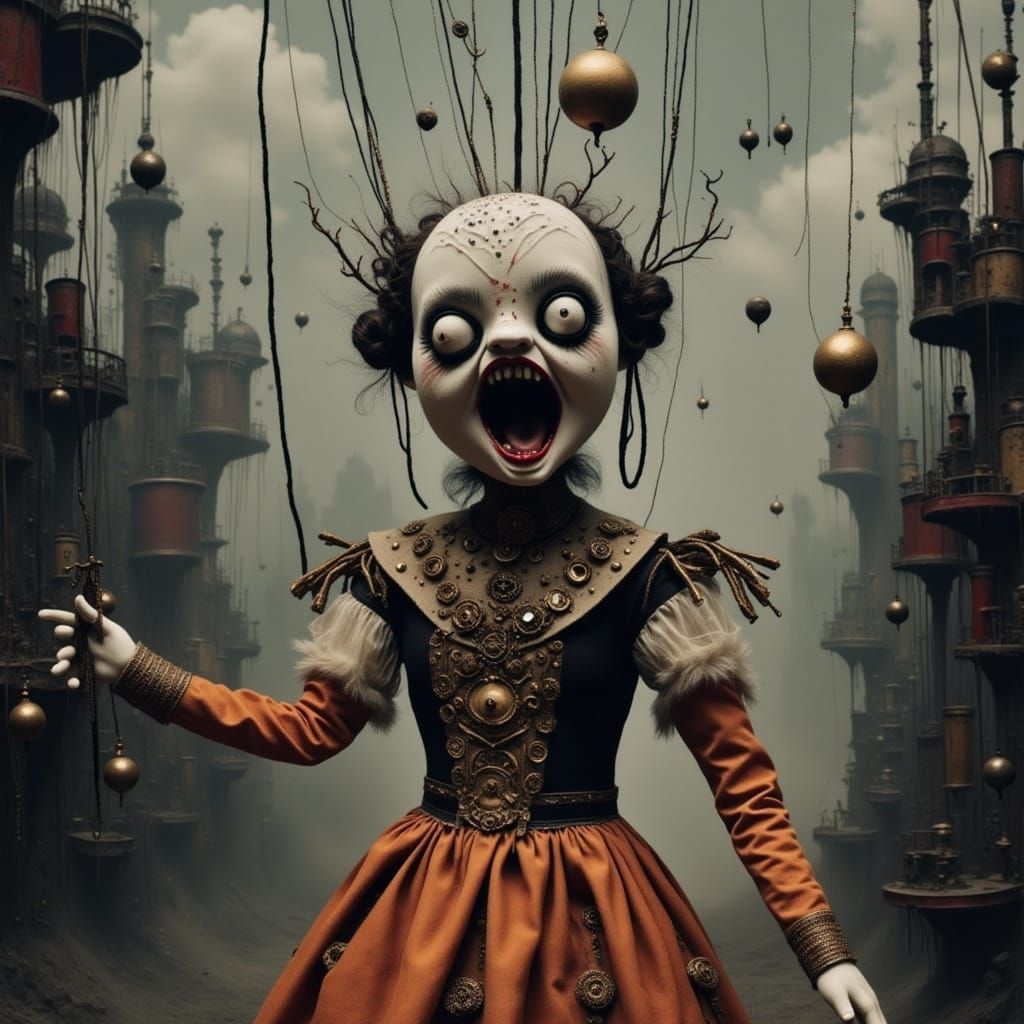 <lora:Marionette-Flux:0.8> <lora:Puppet Maddness:0.7>  <lora:AmongTheDark:1.4>
<lora:Screamo Flux Edition:1.5>
 Vintage ...