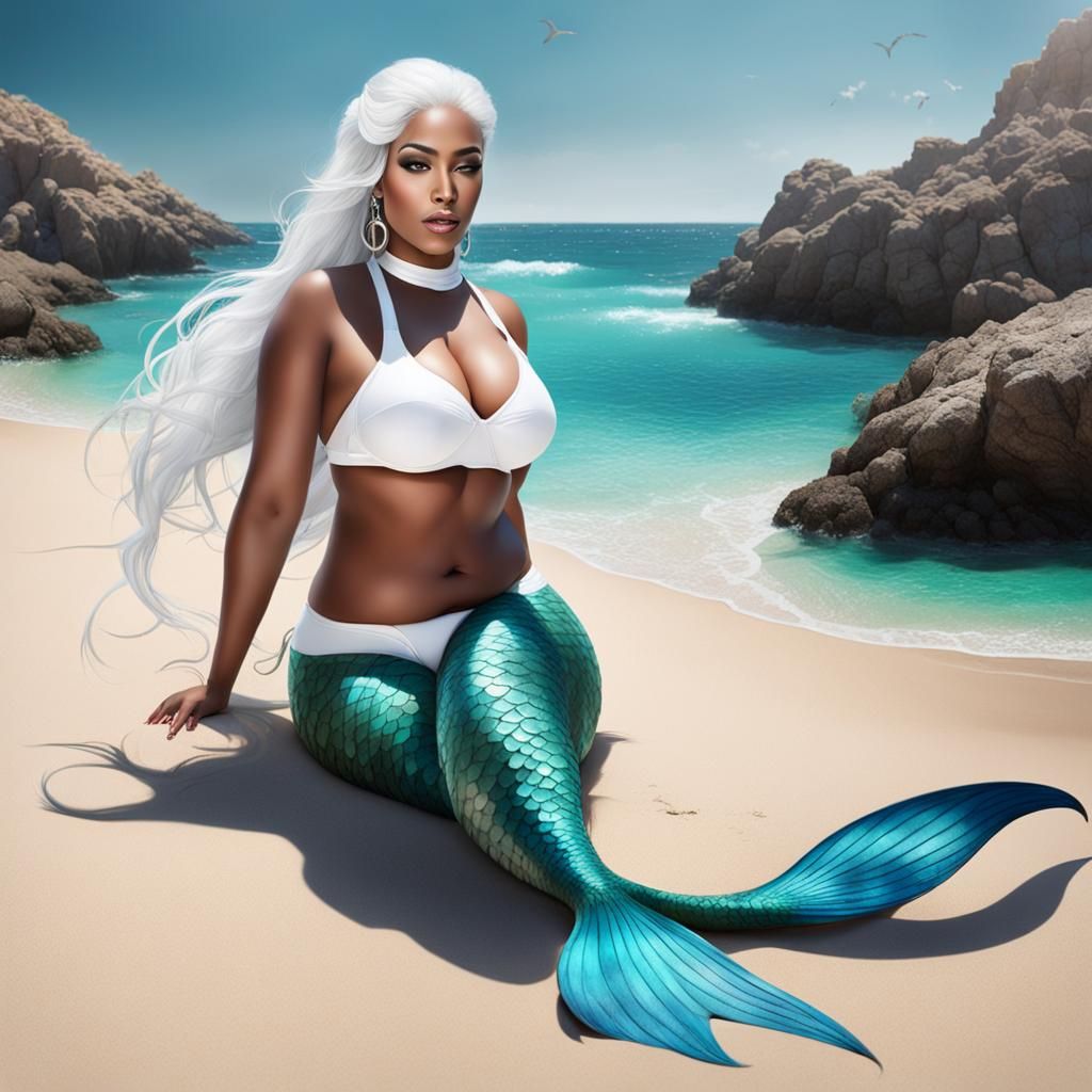 Arab Woman and Mermaid on Beach: Fantasy Art