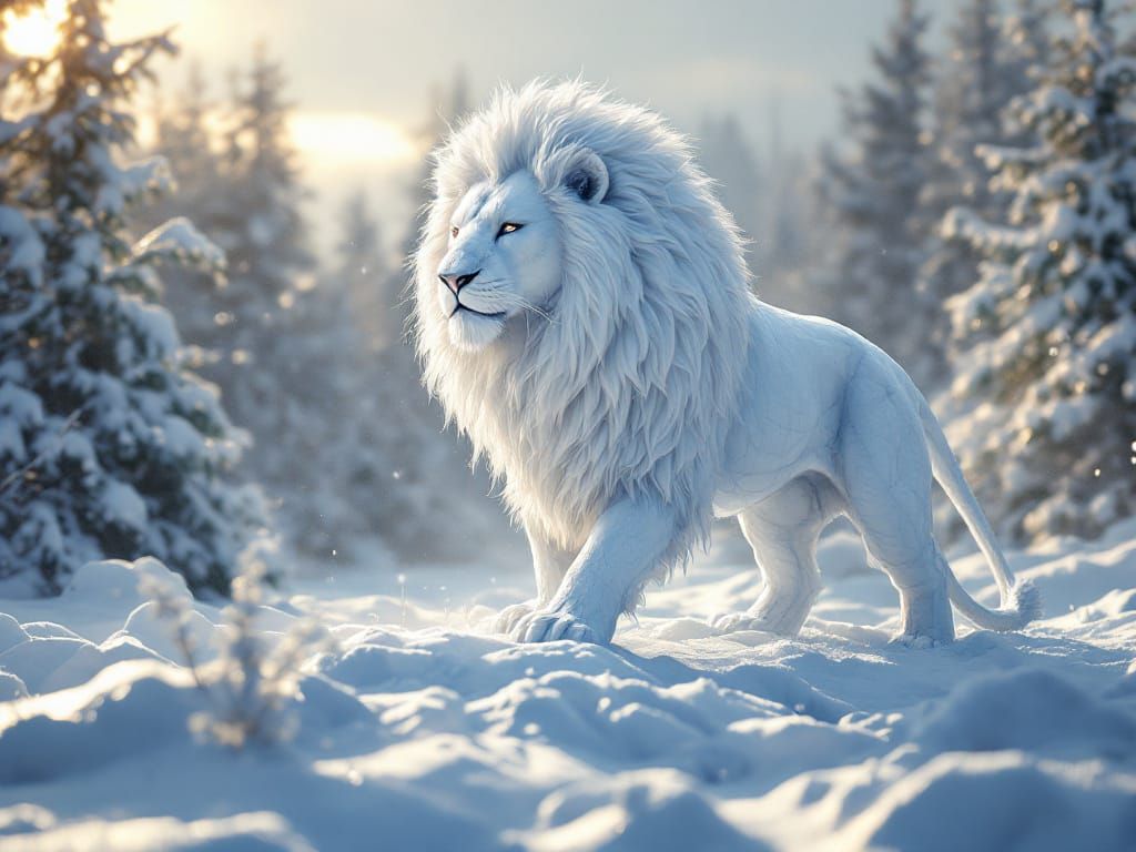 Majestic Snow Lion Sculpture in Dramatic Winter Light