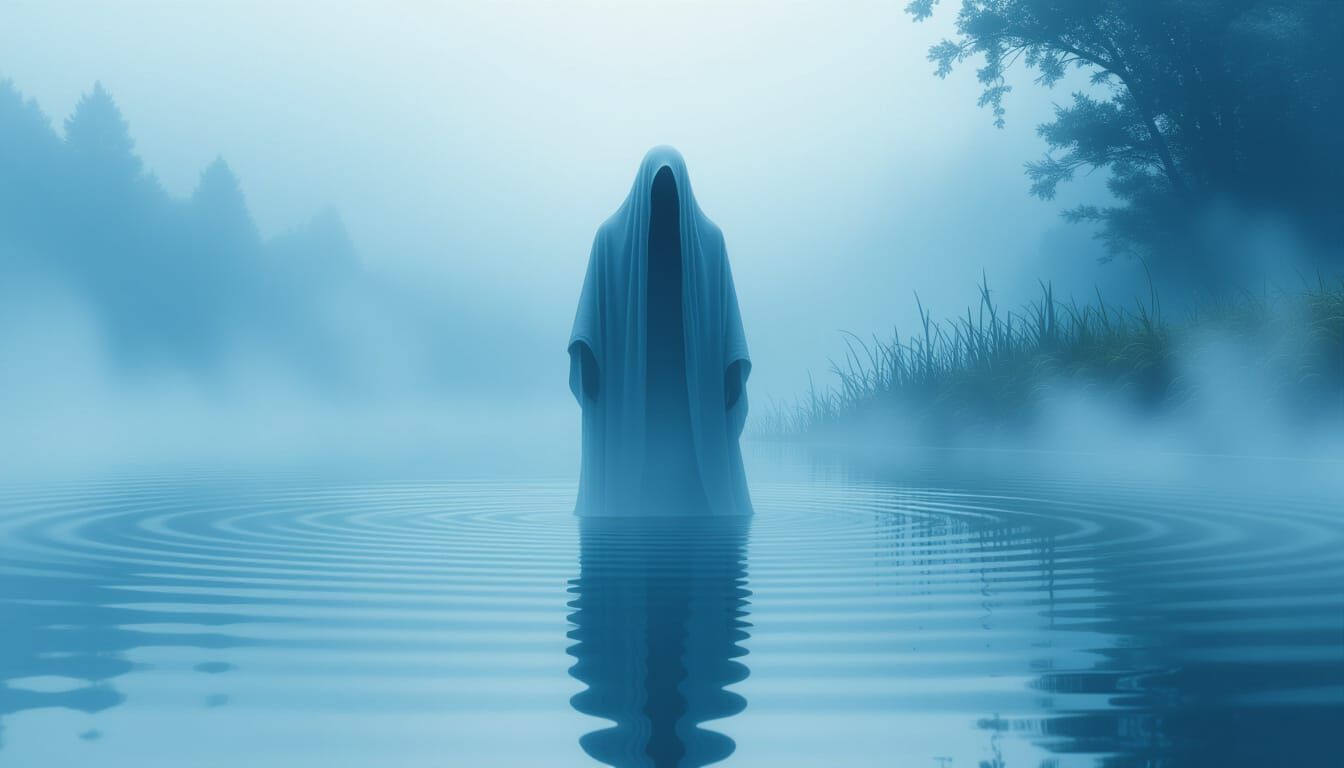 Mystical Figure in Mist Reflects Ghostly Illusions