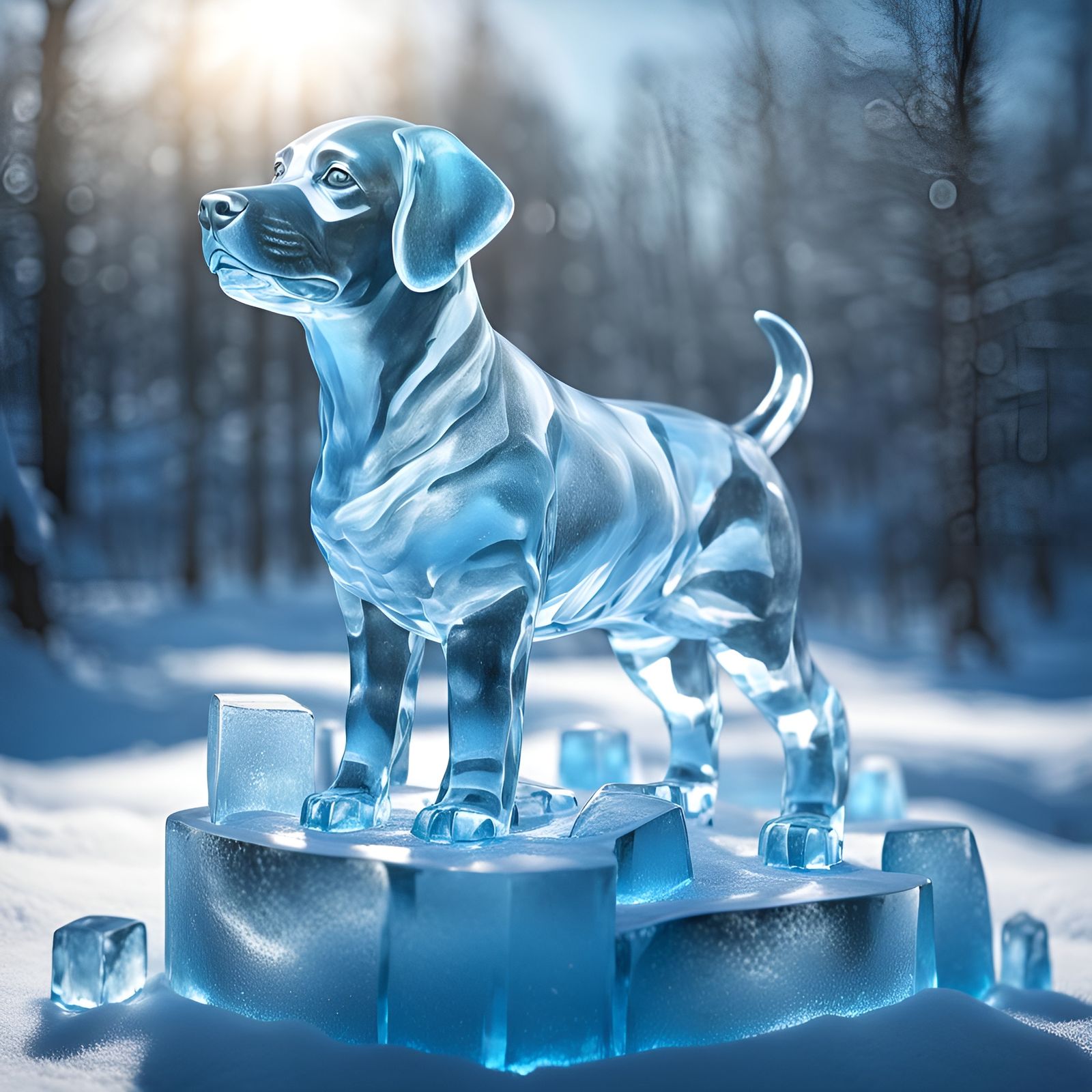 Icy Puppy Monument Made of Melting Ice Cubes