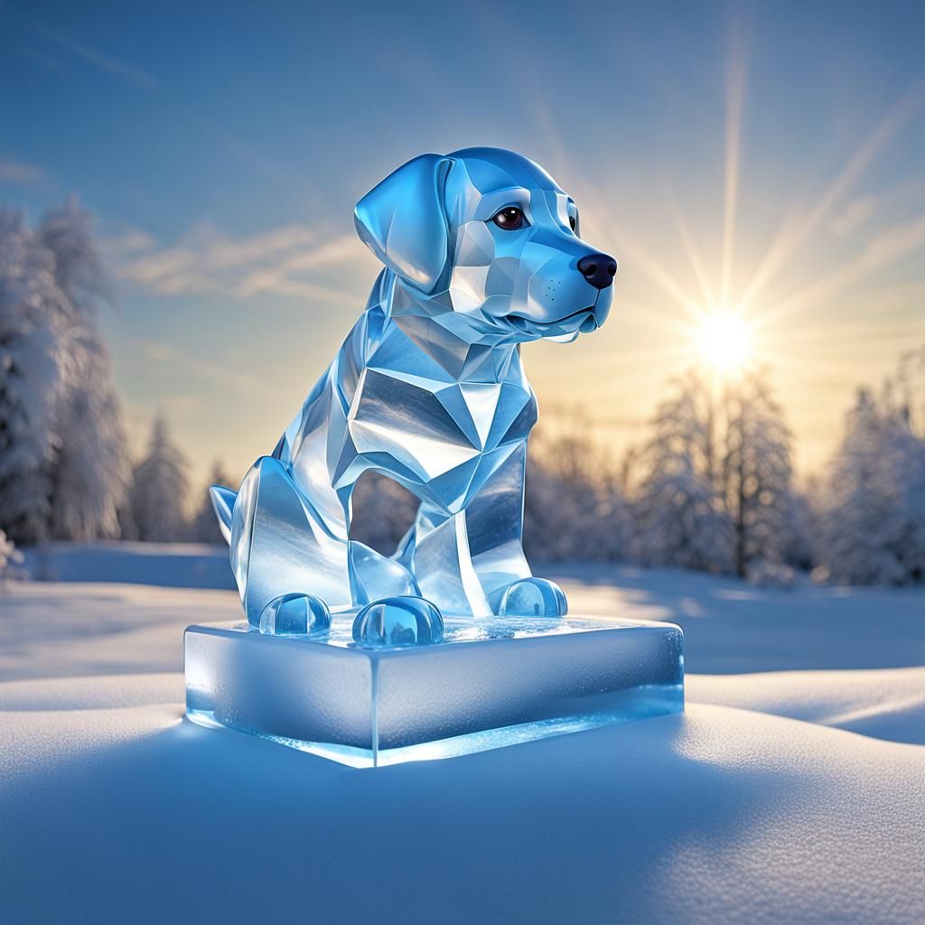 Frozen Puppy Ice Monument in Hyperrealistic Style