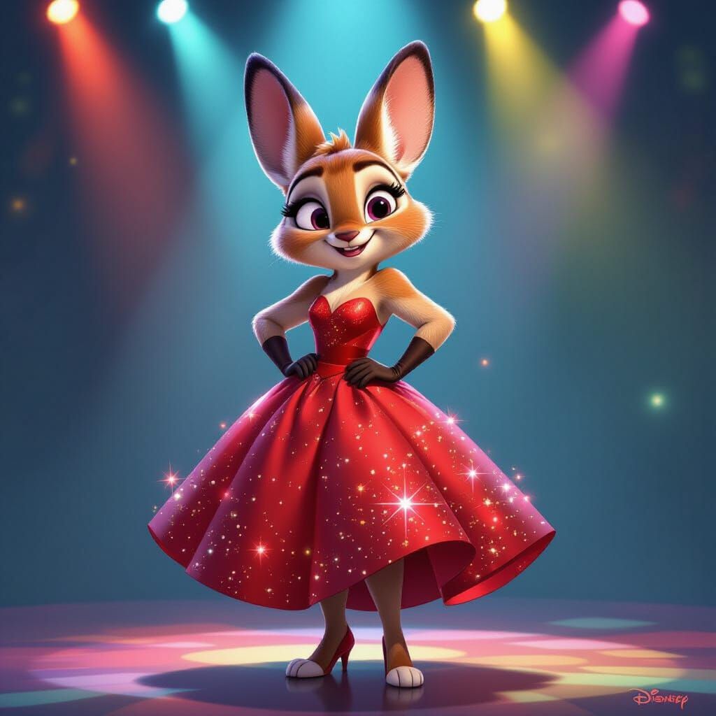 Judy Hopps in Sparkling Red Dress on Whimsical Stage
