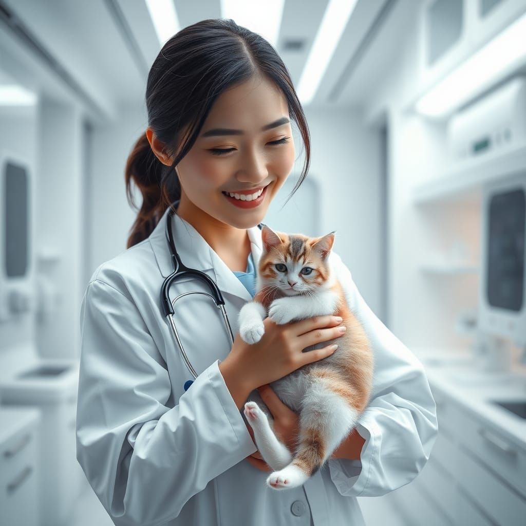 Asian Doctor Hugs Kitten in Futuristic Lab