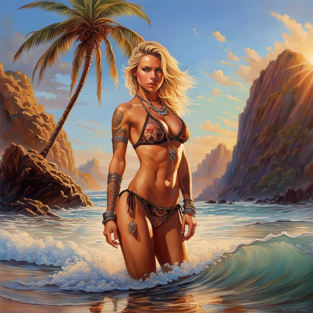 Baja Girl Portrait with Tribal Tattoos in Splash Art