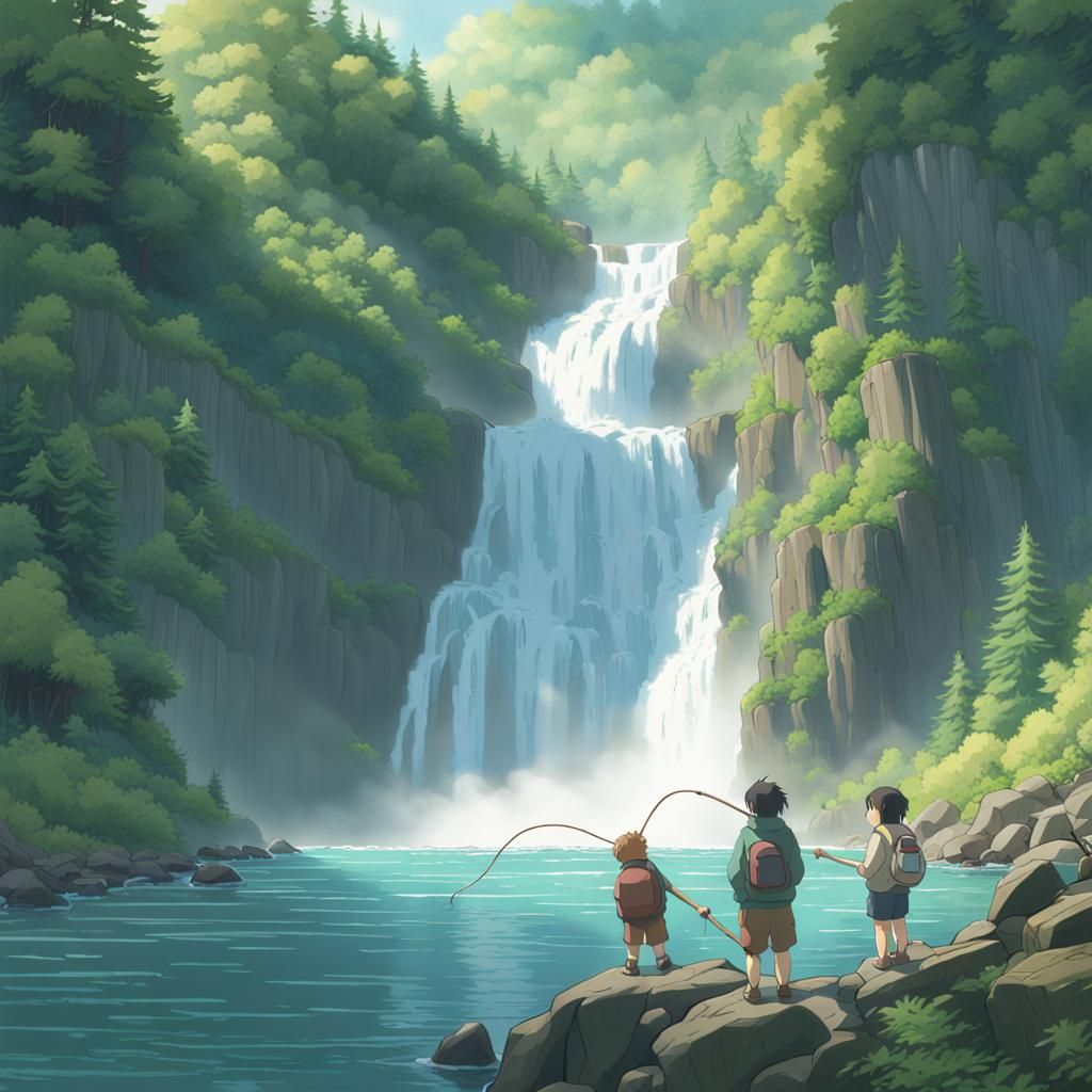 Alaskan Bears Fishing at Hidden Waterfall in Anime Style