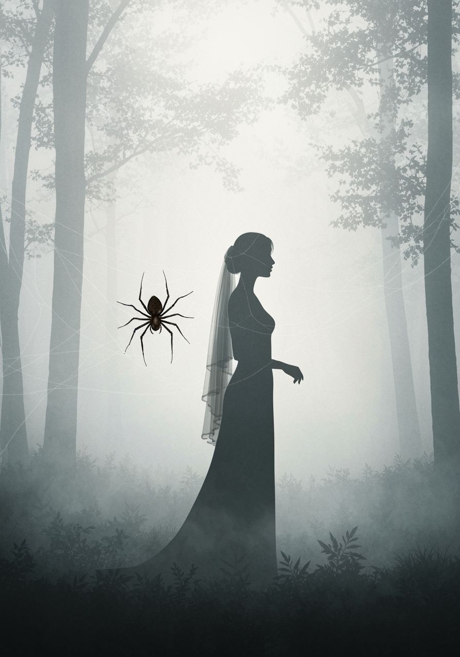 Ethereal Lady in Misty Forest with Spider Web