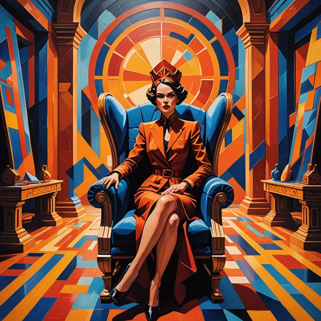Neo-Cubist Painting of Madam Hooch on Throne