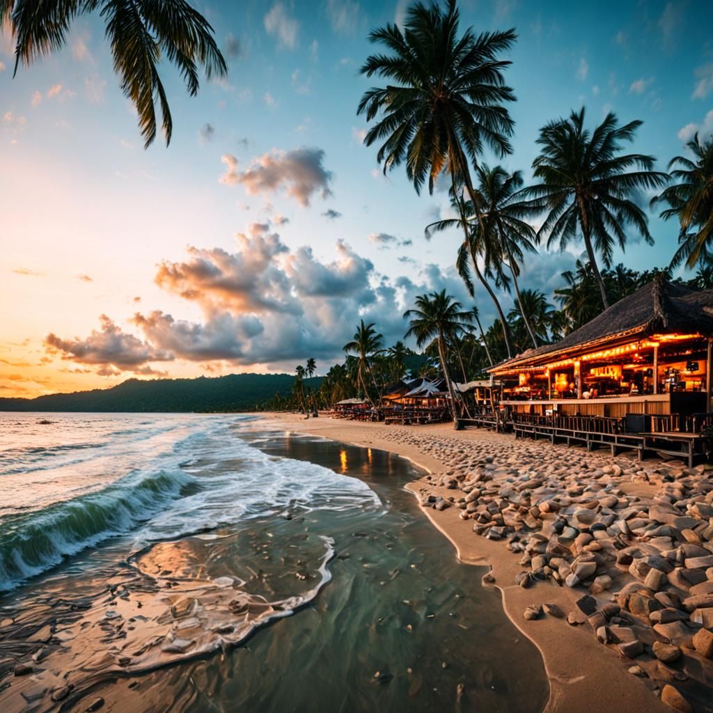 Tropical Beach Sunset Wide-Angle View