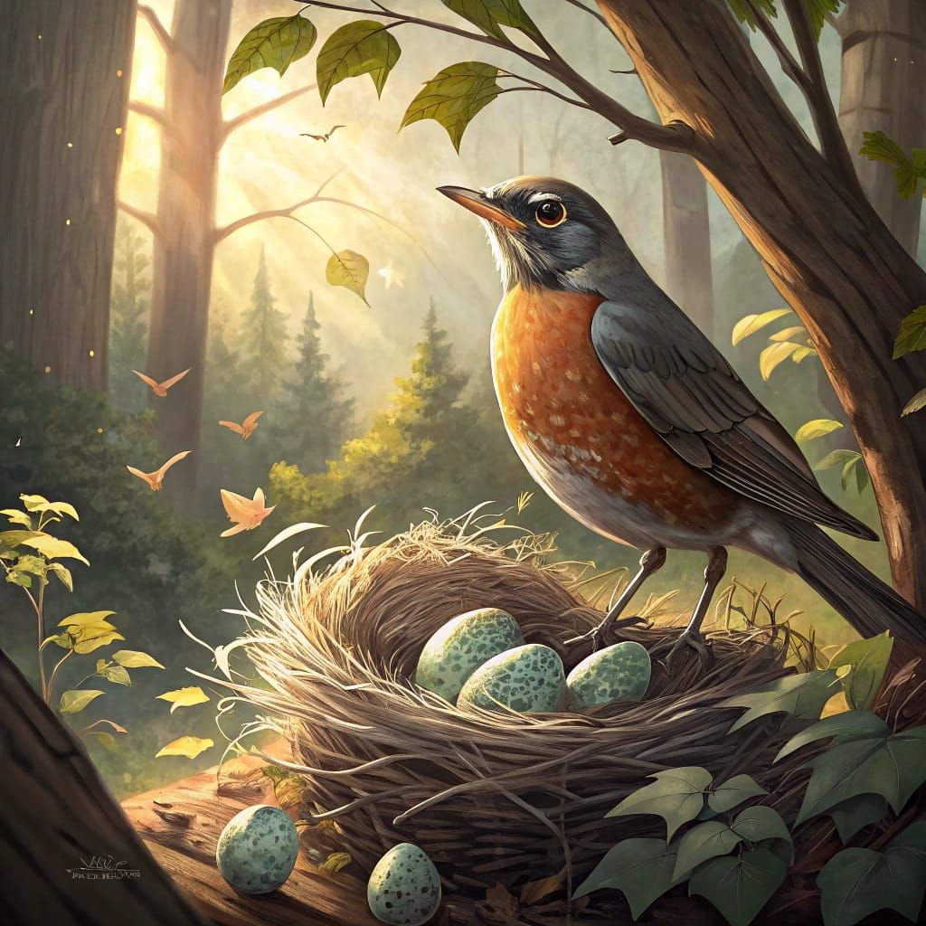 Proud Robin Protecting Nest of Eggs