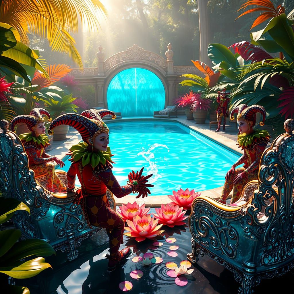 Majestic Jesters Gather Around Luminous Pool in Vibrant Trop...