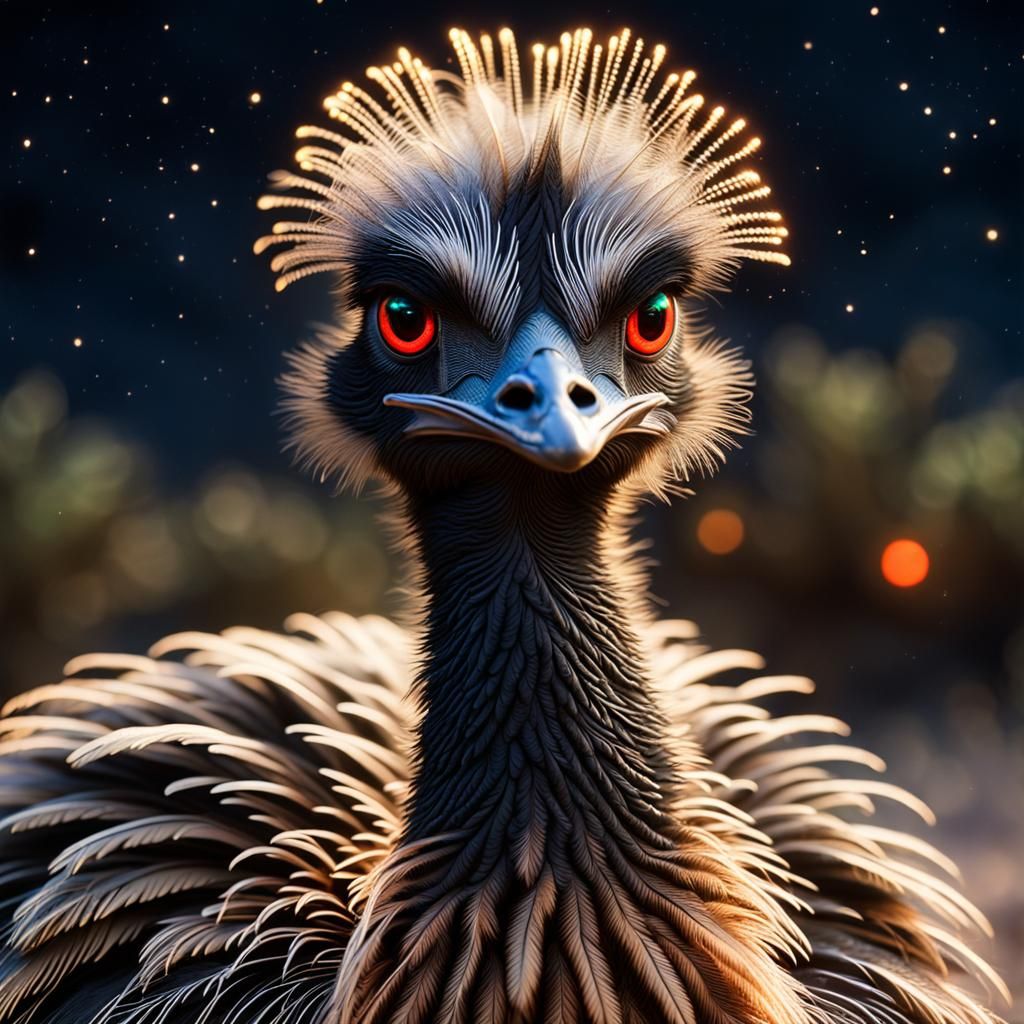 Macro Close-Up of Emu with Neon Glowing Feathers