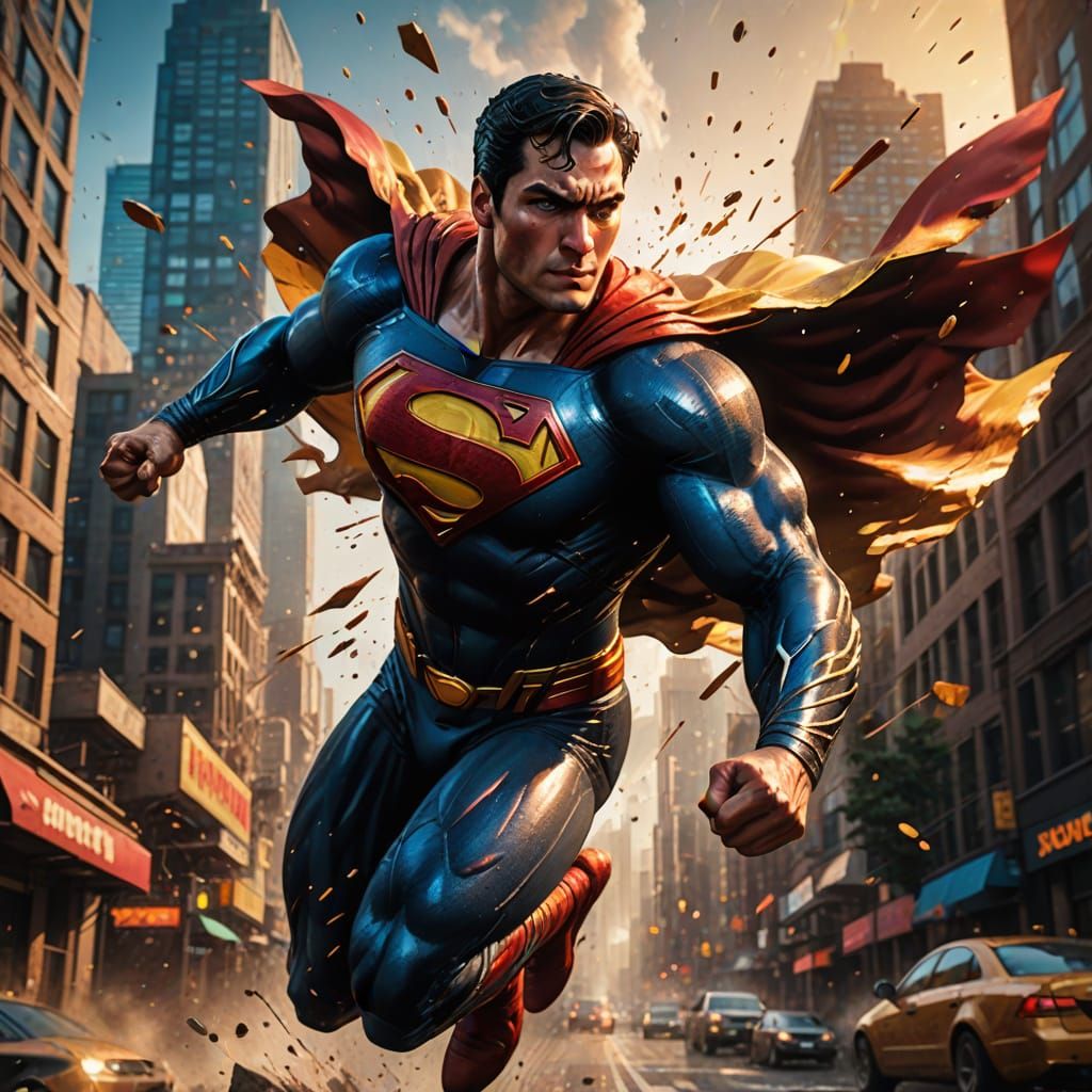 Superman Soaring Through Cityscape: Hyperrealistic Art