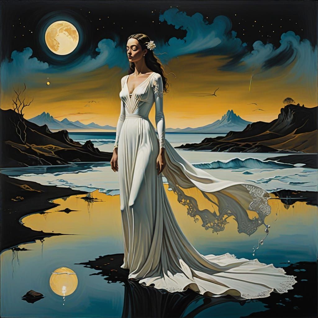 Ethereal Woman in Dreamlike Landscape, Surrealist Oil Painti...