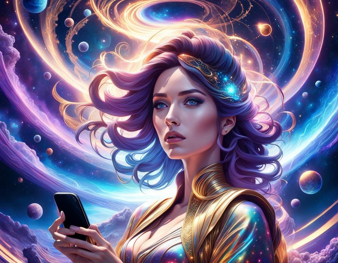 Woman in Space with iPhone: Cosmic Digital Art