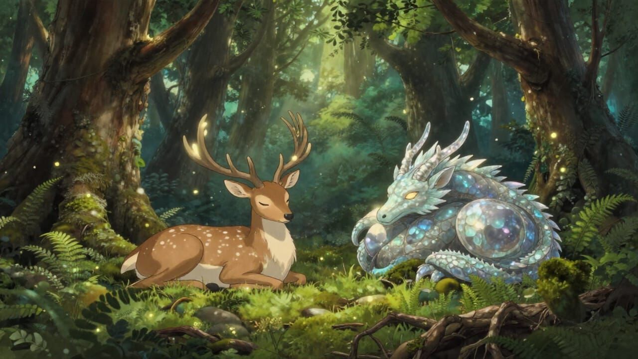 Ethereal Forest Spirit Deer and Dragon in Sunlit Clearing