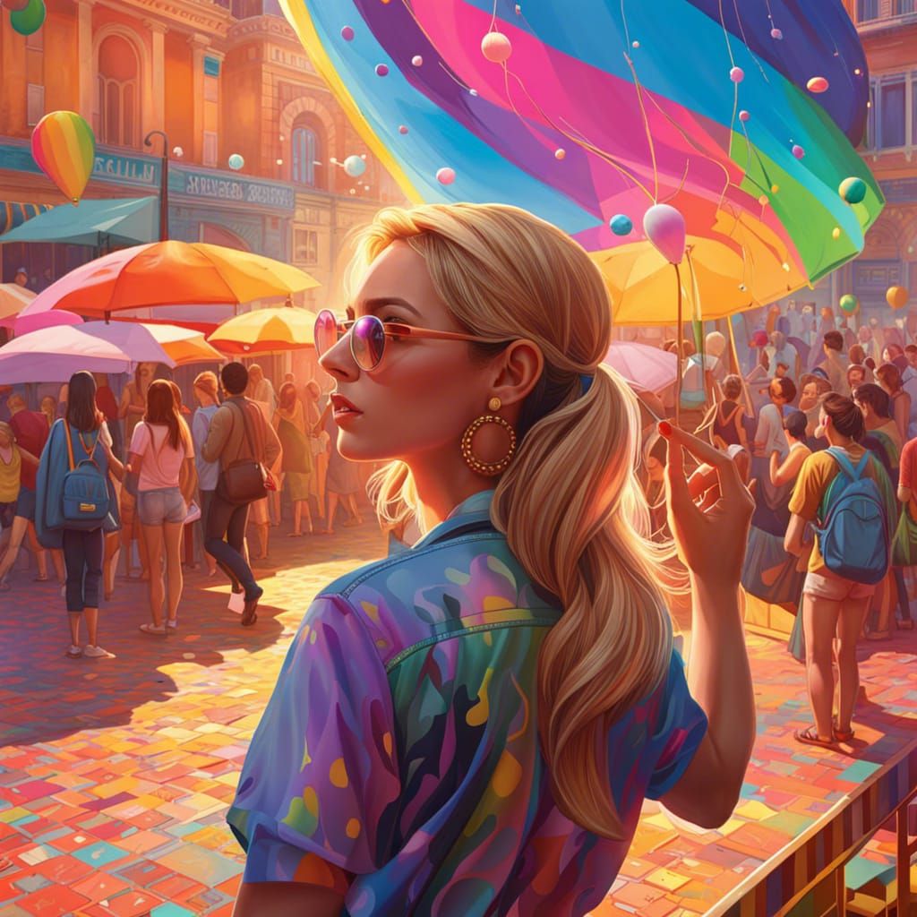 Colorful Crowd Celebration in Hyperrealistic Style