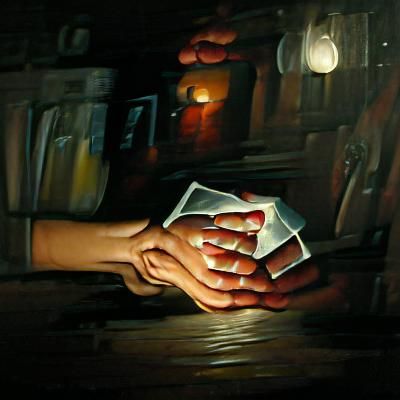 Hand Holding Cards: Oil Painting in Darkness
