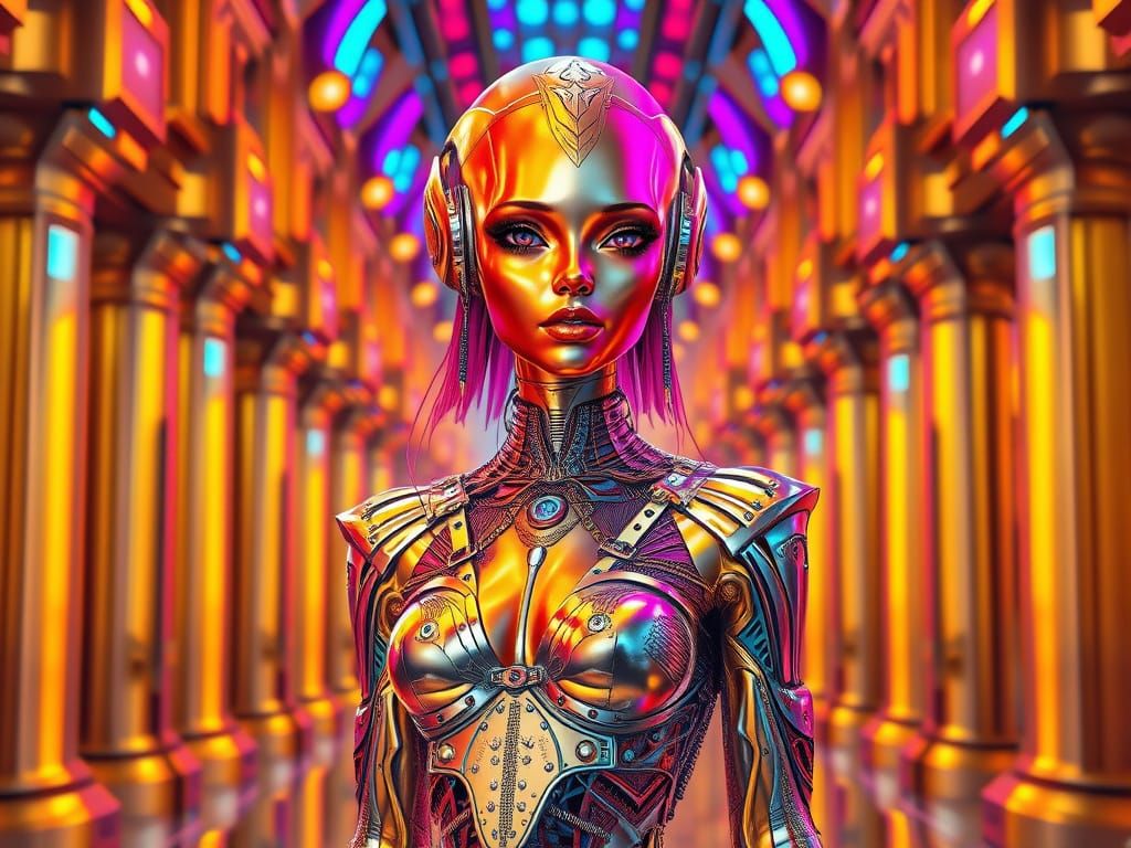 Golden Alien Goddess in Teslapunk Synthwave Regalia