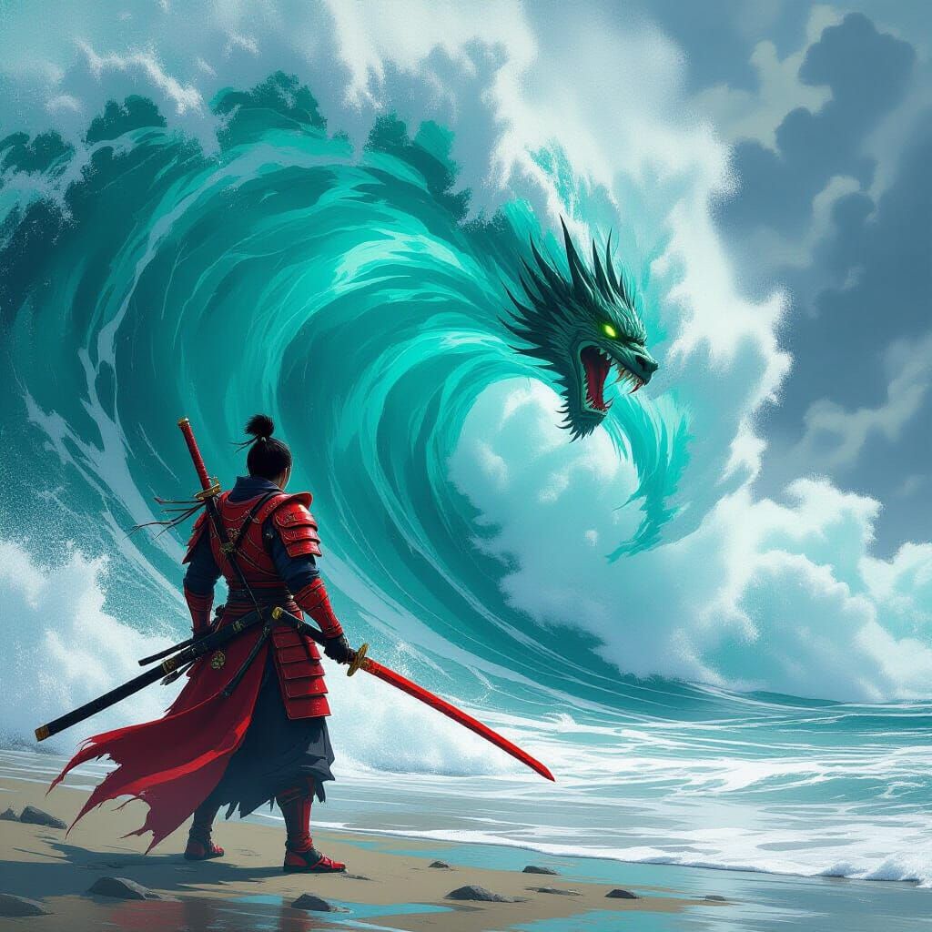 Ninja in Red Armor Faces Giant Wave