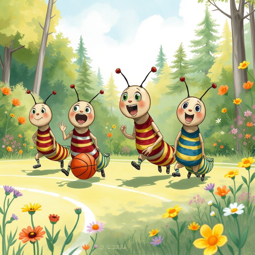 Caterpillars Play Basketball in Ghibli-Inspired Forest
