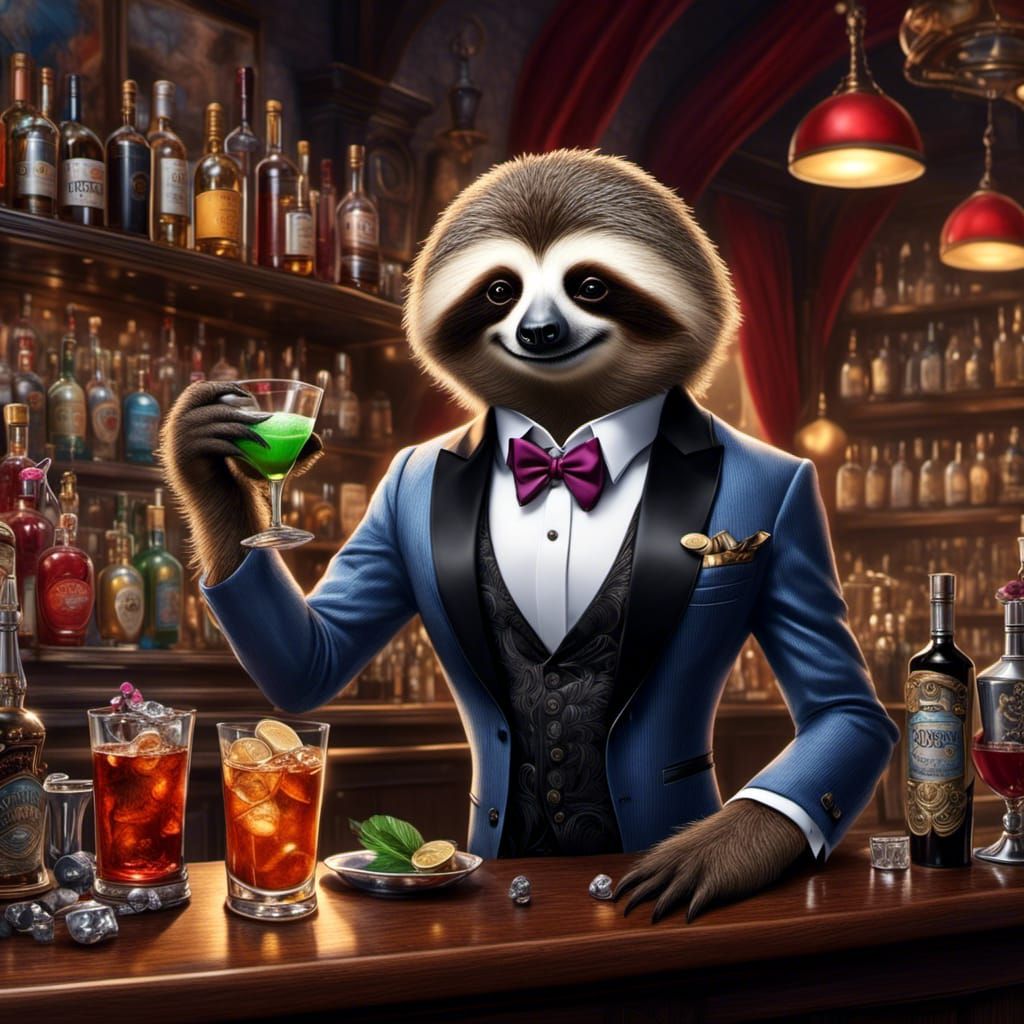 Sloth Bartender Mixes Drink in Humorous Cartoon Style