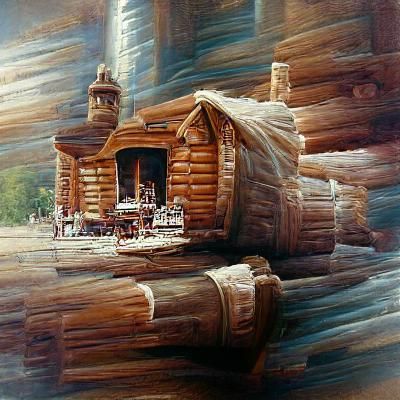 Log Cabin Castle in Oil Painting Style
