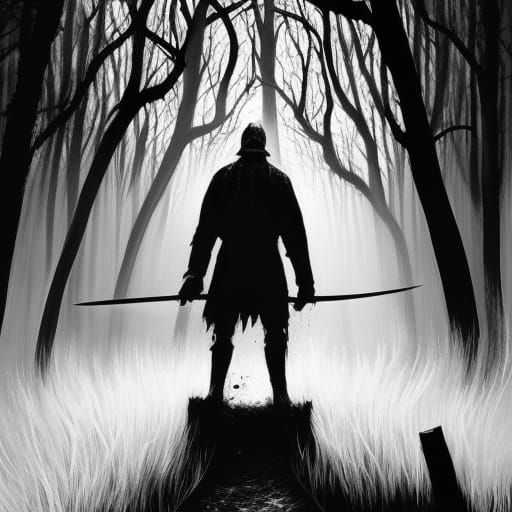 Terrifying Forest Murderer in Black and White Ink