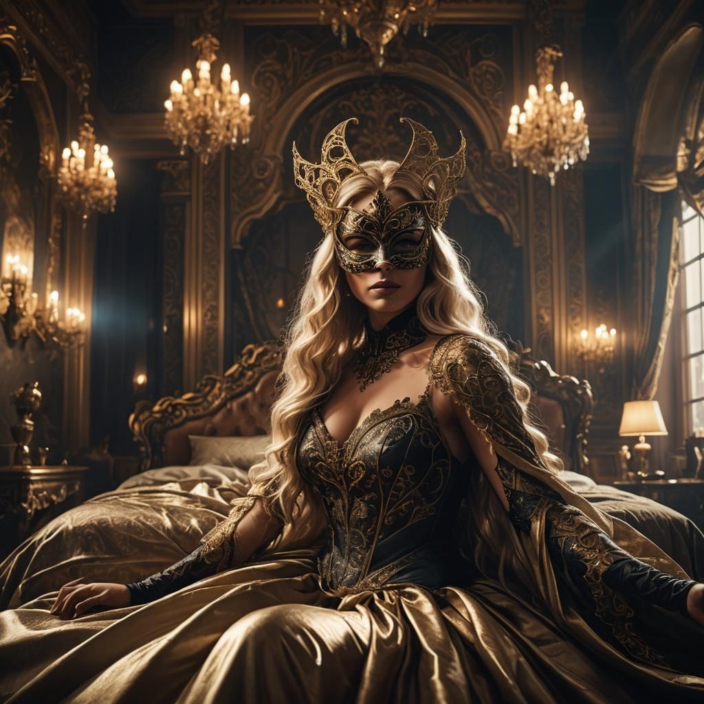 Masked Woman in Opulent Room, Epic Realism