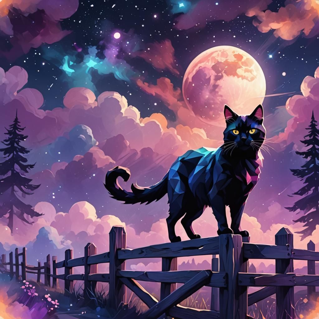 Black Cat Silhouette with Nebula in Low-Poly Style