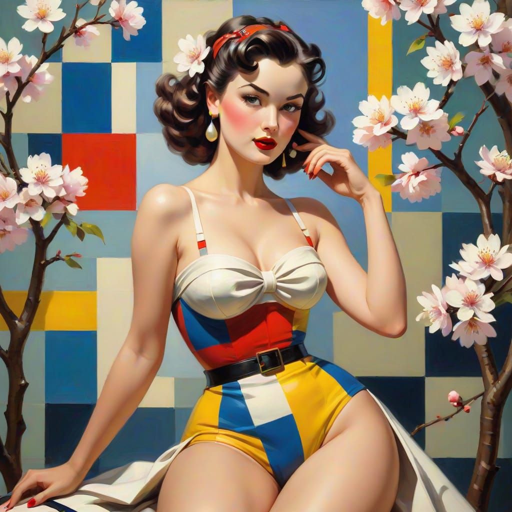 Vintage Pin-Up in Mondrian-Inspired Abstract Impasto Oil Pai...