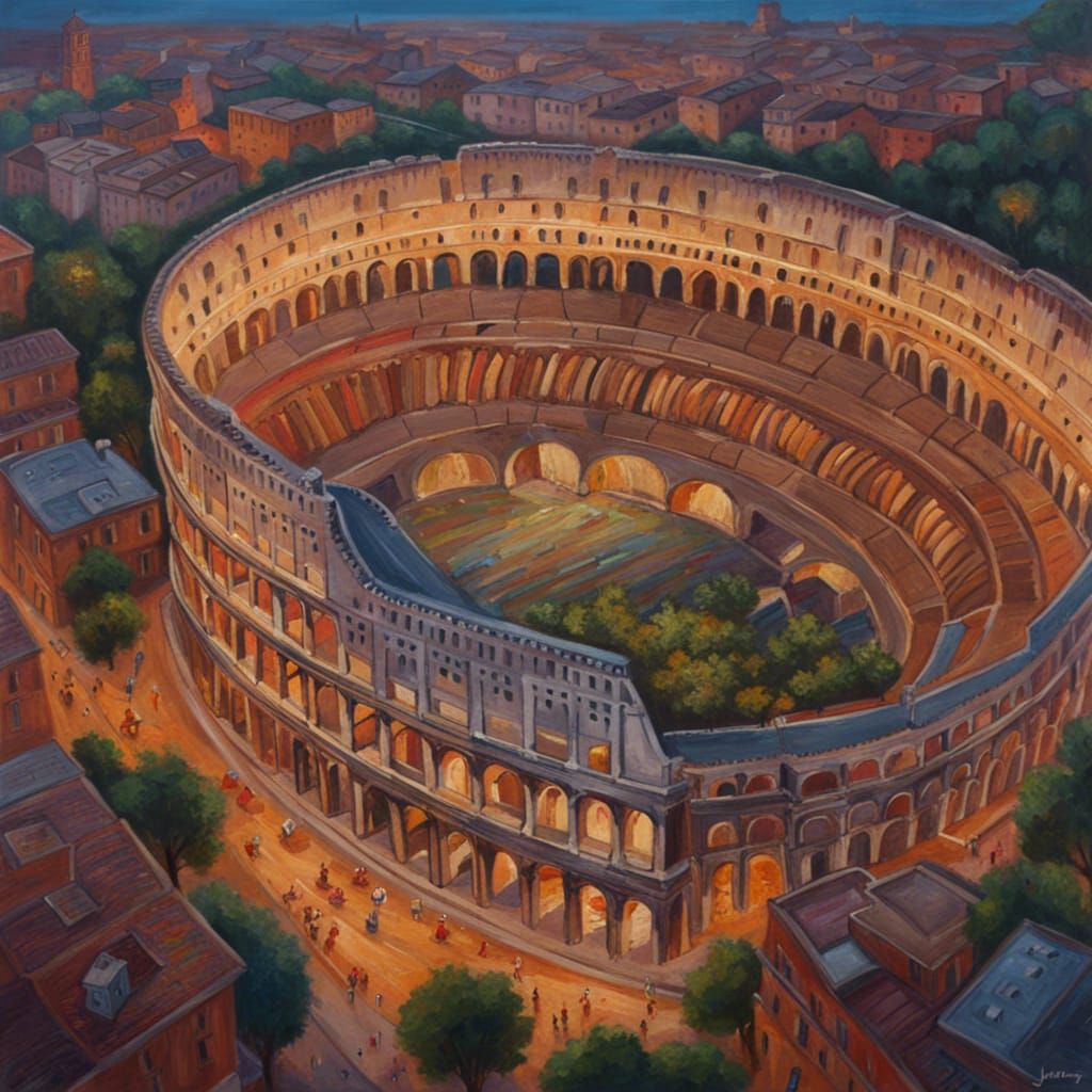Aerial View of Rome's Colosseum in Oil Painting Style
