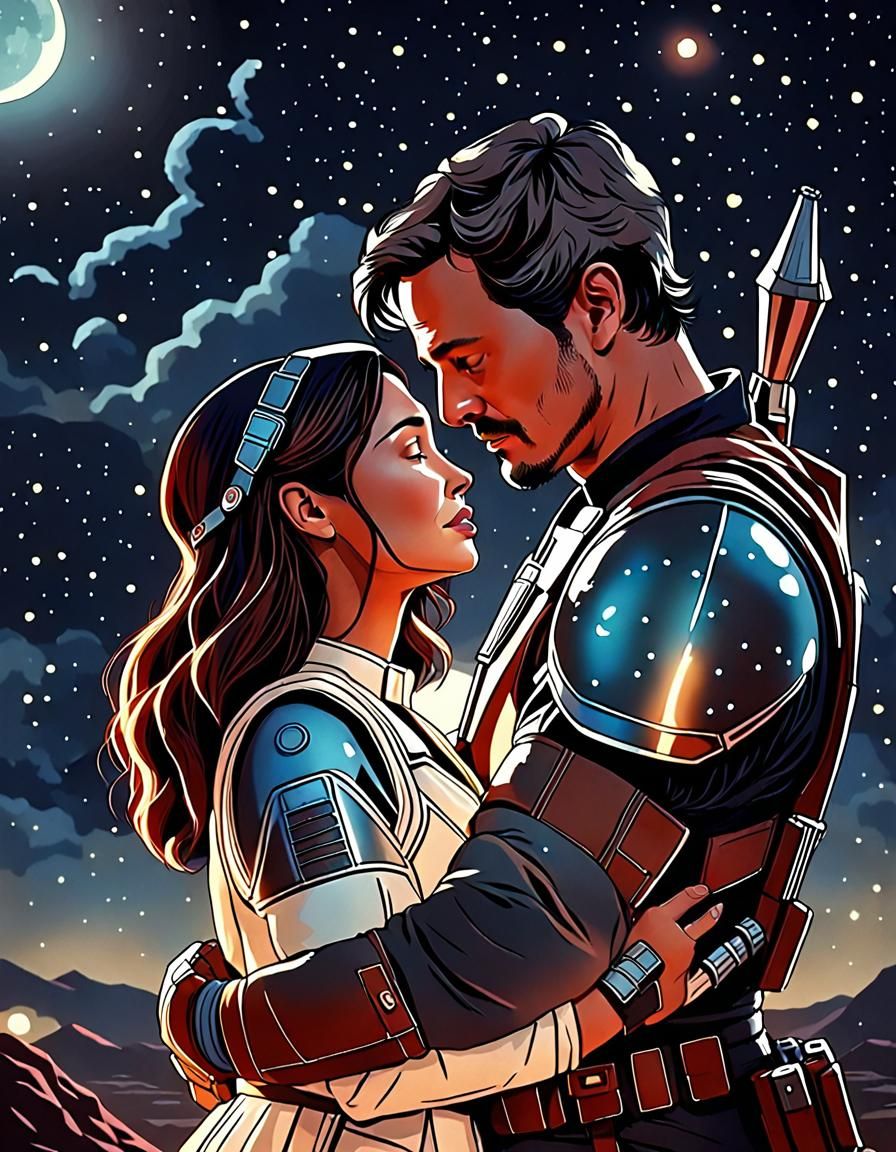 Mandalorian's Embrace Under Starry Moonlight