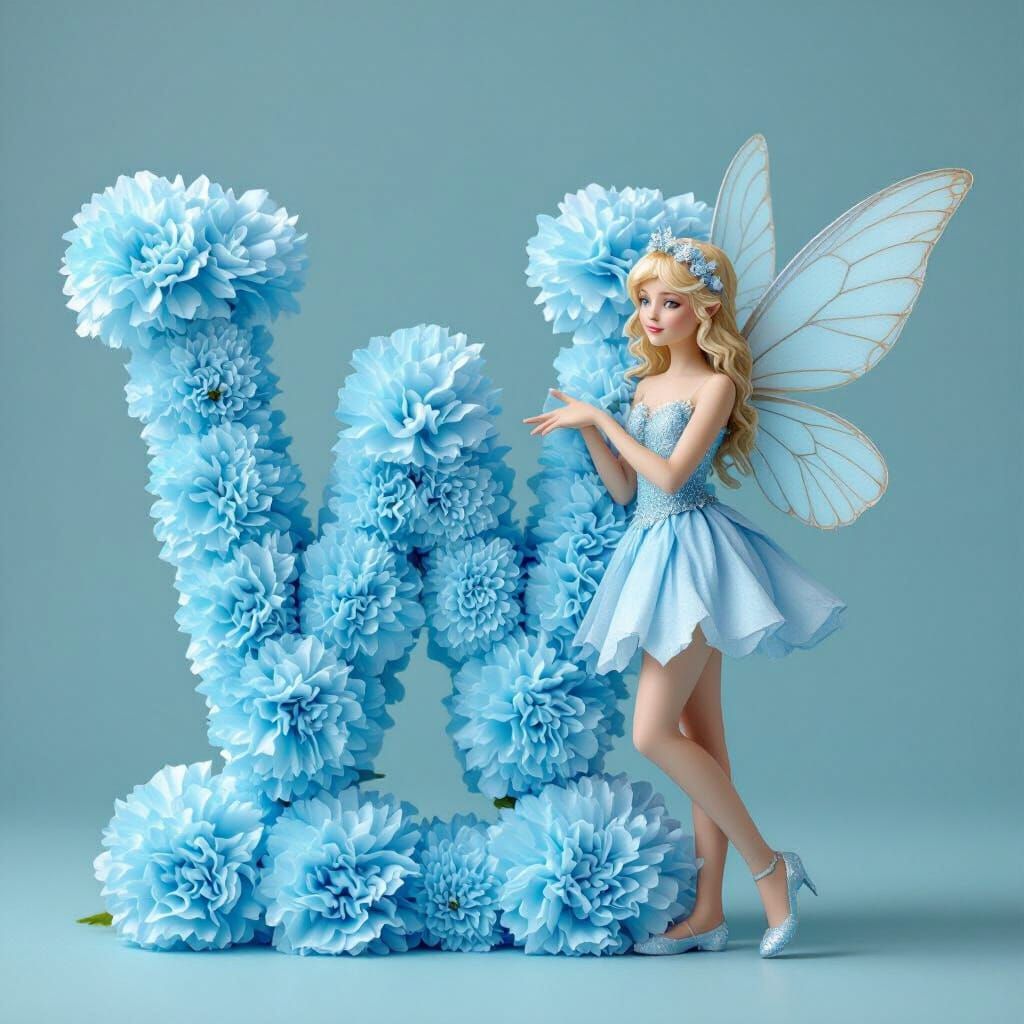 Light Blue Fairy Beside Carnation Letter W