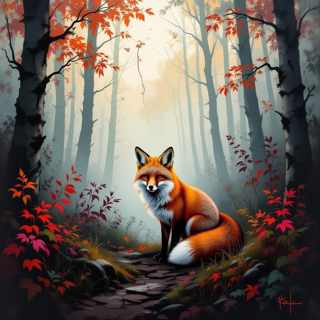 Fox in Misty Forest with Expressionist Texture