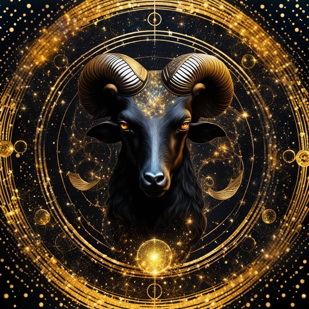 Black and Gold Aries: Holographic Astral Illustration