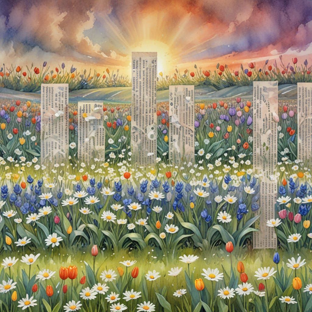 Art Nouveau Flower Field with Newspaper Collage