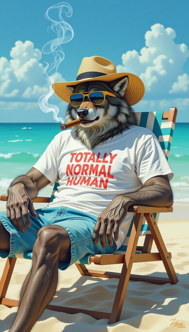 Werewolf Relaxing on Beach in "Totally Normal Human" Shirt