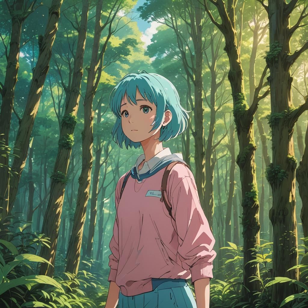 Anime Girl in Forest: Key Visual in Pastel Colors
