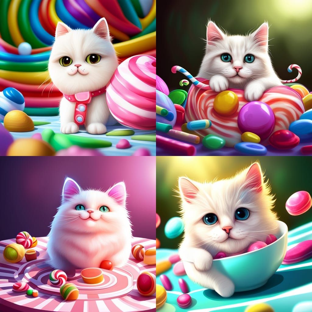 Cute White Cat in Candyland: Digital Art Illustration