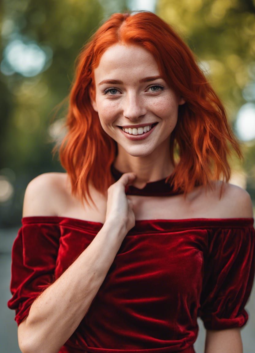 Smiling Redhead in Velvet Dress with Freckles