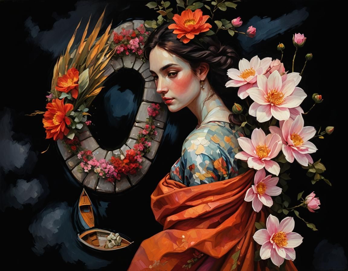 Romantic Lakeside Scene in Impressionistic Oil Painting Styl...