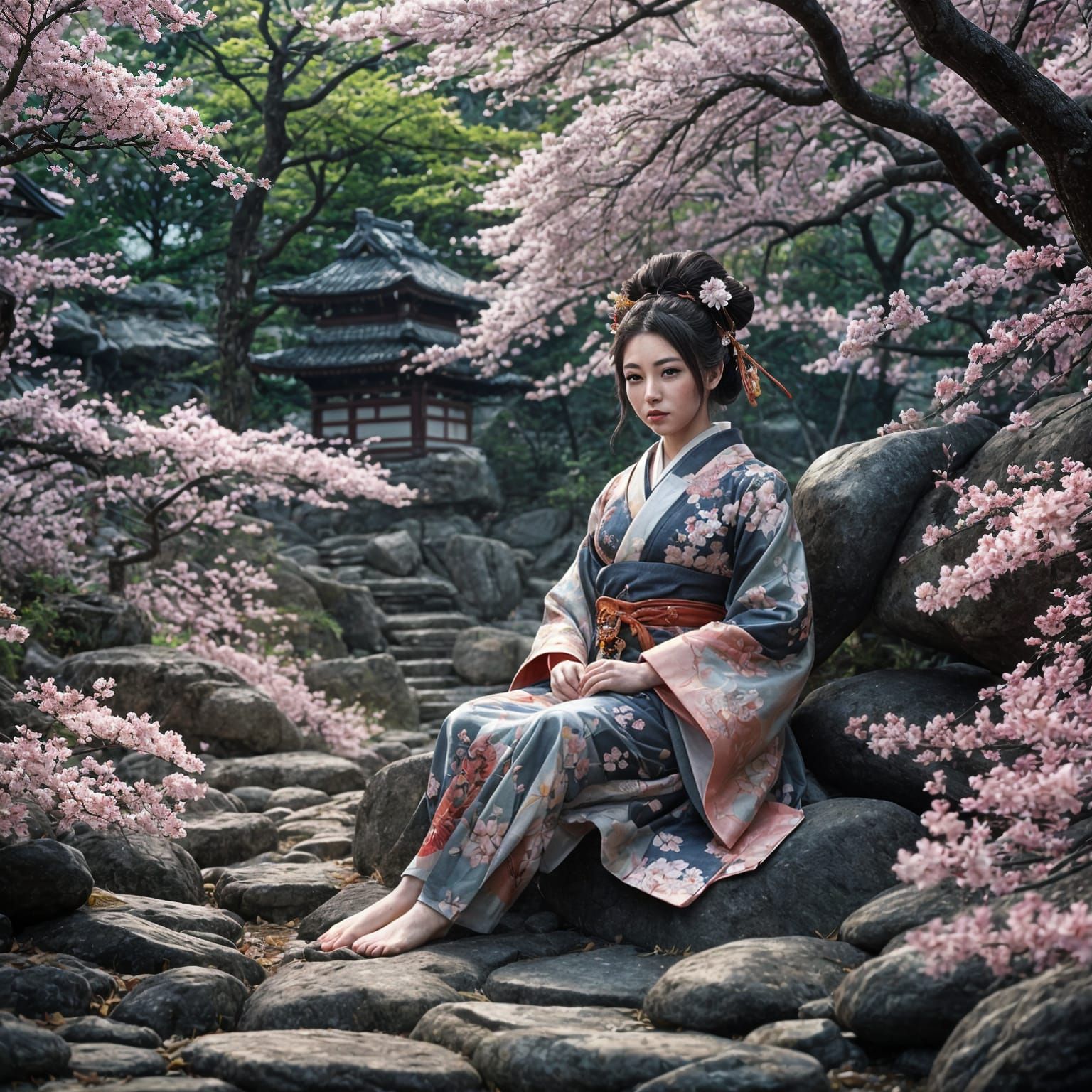 Intricate Geisha in Sakura Forest: 3D Anime Art