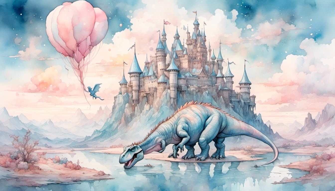Whimsical Watercolour Dinosaur and Sugar Cube Castle