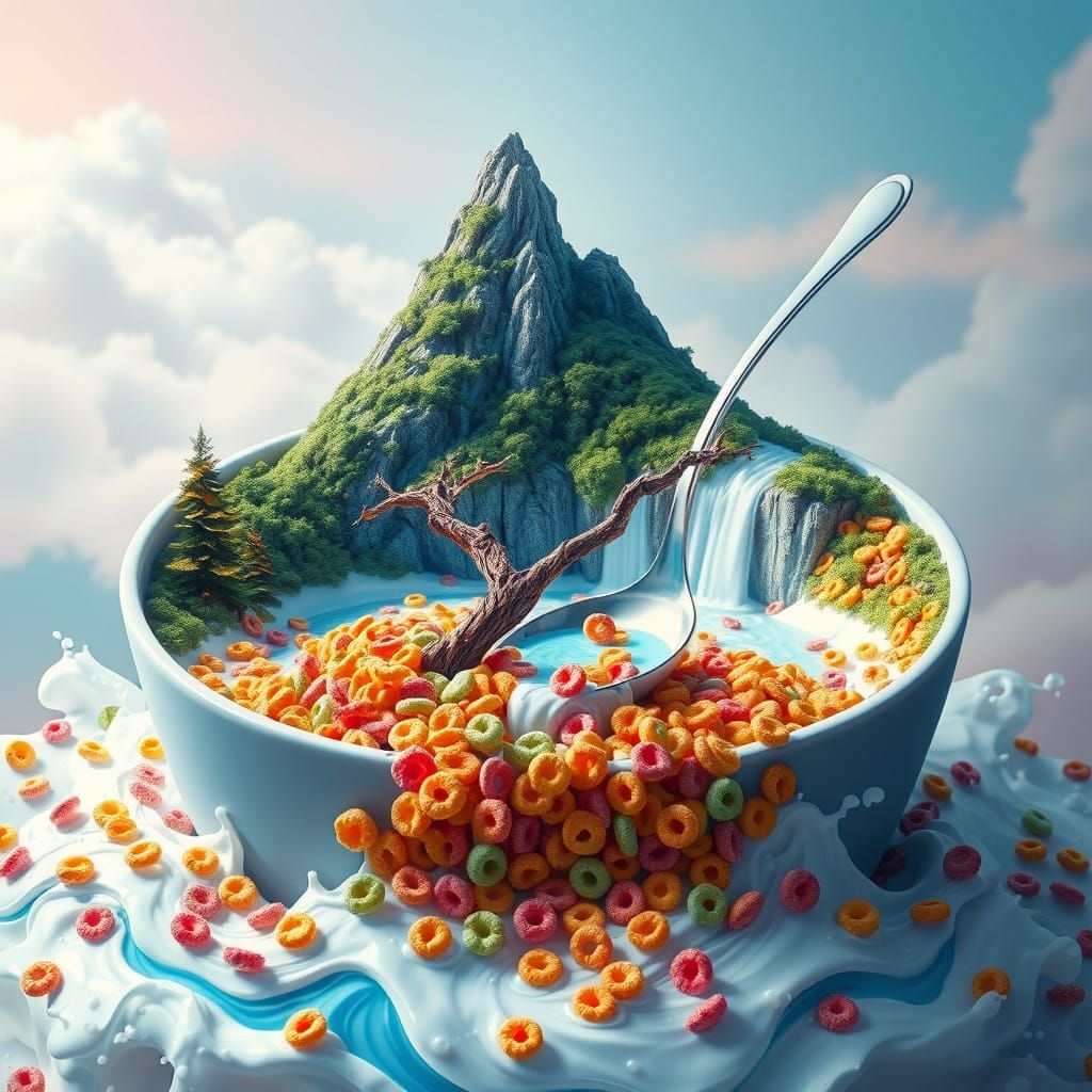 Surreal Cereal Wonderland in Vibrant, Dreamlike Detail