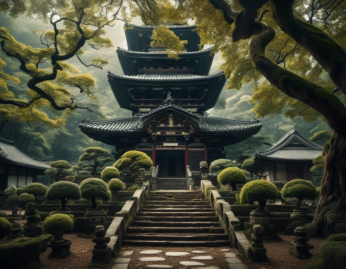 Japanese Stone Pagoda in Ancient Landscape